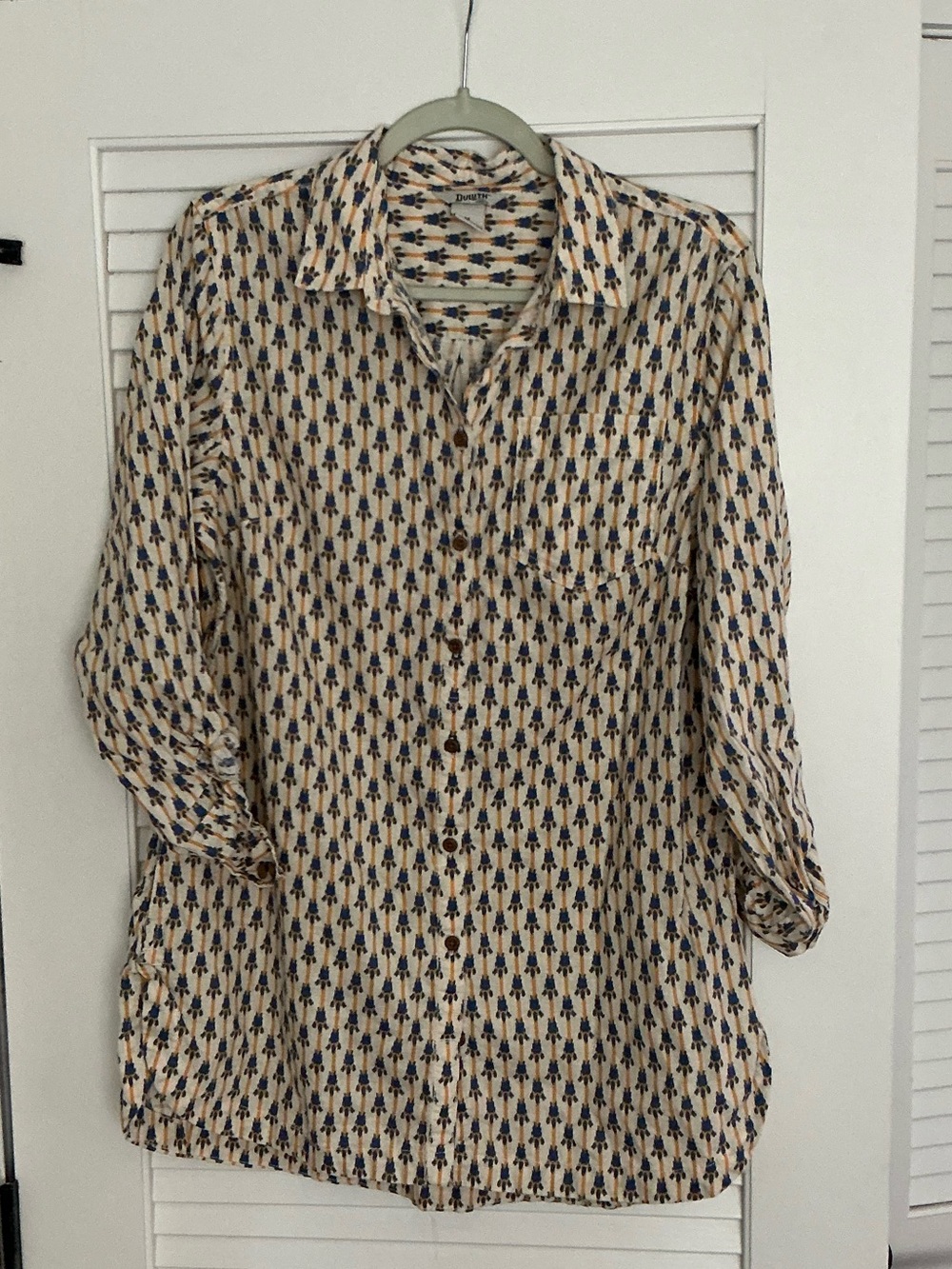 Duluth Trading Co Beige Tunic top with Navy Geometric Print casual hemp+cotton